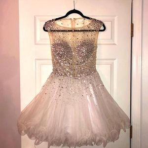 White and Silver JOVANI Sheer Homecoming Dress